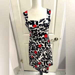 White with Black & Red Floral Print Mini Sundress with Sweetheart Neckline